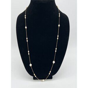 Elegant Long Gold & Faux Pearl Station Necklace With Designer Clasp